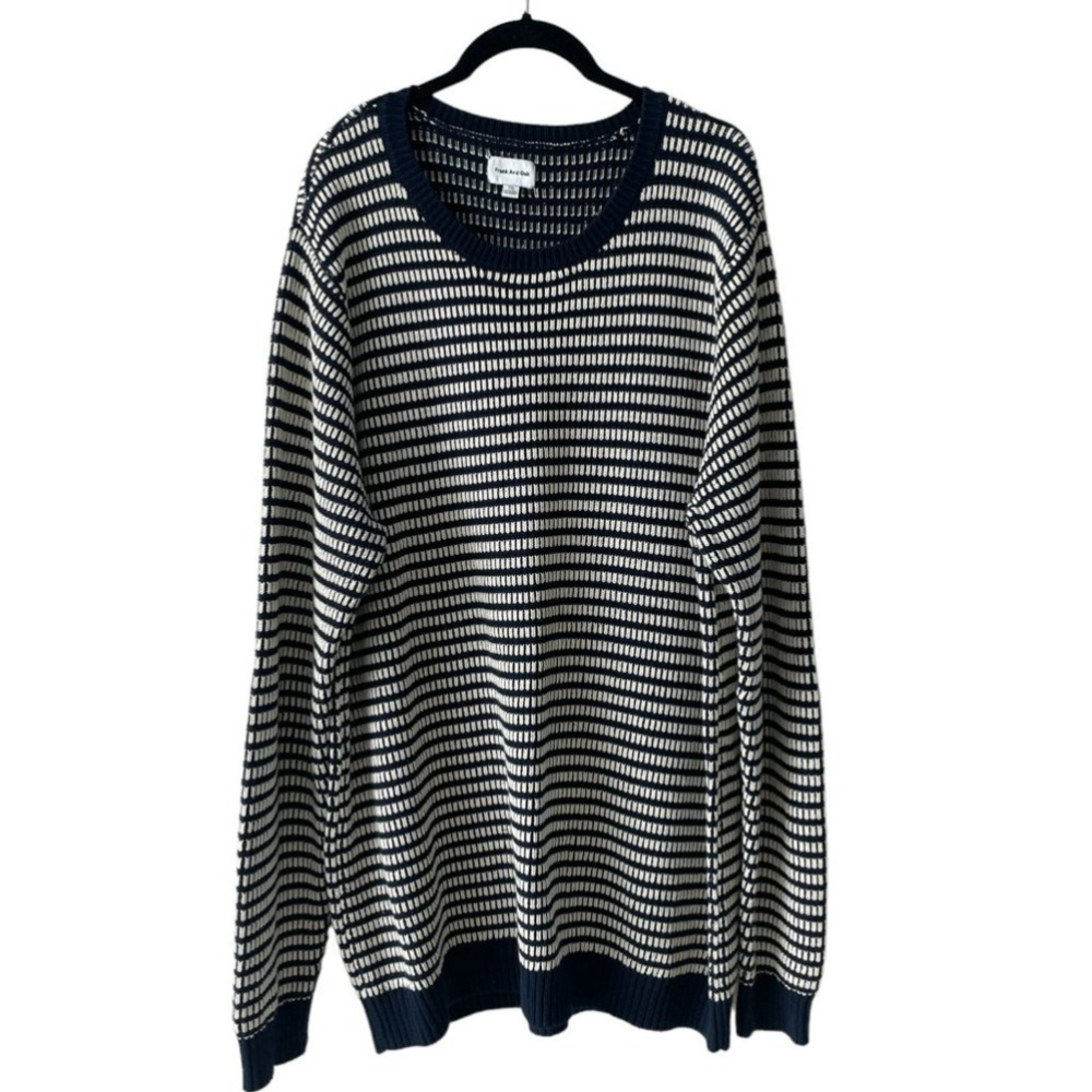 Frank And Oak Crochet Knit Sweater Round Neck Striped Pattern Blue White XXL